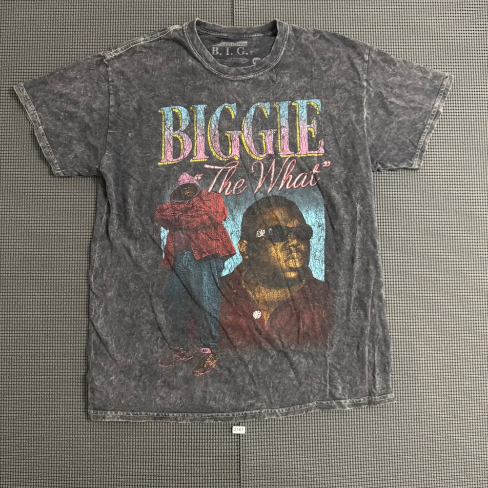 Notorious B.I.G. Biggie The What Graphic T-Shirt Acid Wash Gray Mens Medium